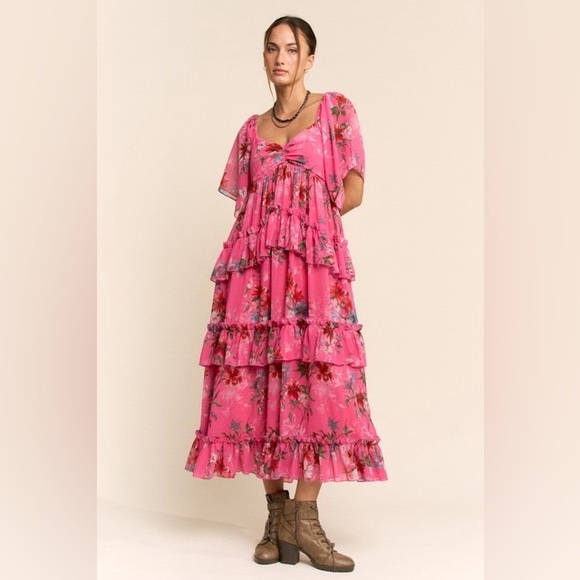 DAVI & DANI Dresses & Skirts - Floral Tiered Ruffle Maxi Dress with Flutter Sleeves - Davi & Dani